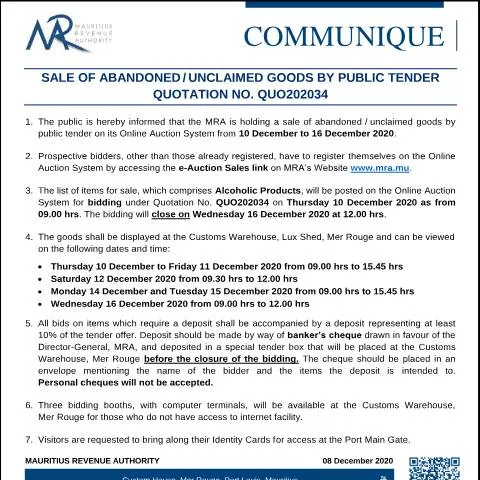 Document preview: Public Tender Sale of Abandoned Goods in Mauritius — Government & admin (CommuniqueQ202034)