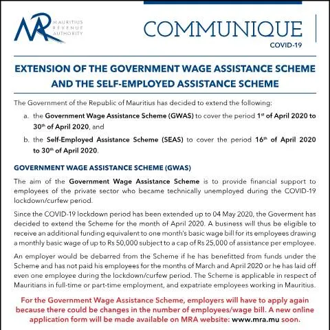 Document preview: Extension of Mauritius COVID-19 Support Schemes for Employees and — Work & employment (CERFA n°CommuniqueExtension180420)