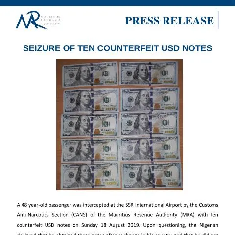 Document preview: Insights on the Seizure of Counterfeit USD Notes — Government & admin (MRAPressRelease210819)