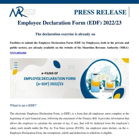 Document preview: Understanding the Employee Declaration Form for Tax Compliance — Work & employment (CERFA n°PressReleaseEDF100822)