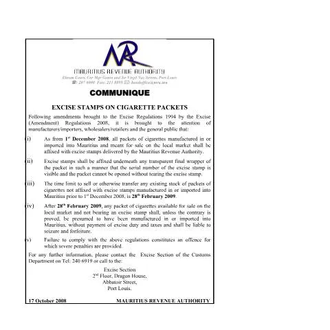 Document preview: Official Notice on Excise Stamps for Cigarette Packets in Mauritius — Taxes (CERFA n°ExciseStampCommunique171008)