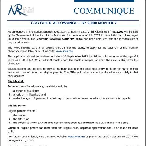 Document preview: Mauritius Child Allowance Initiative for Families — Benefits & social aid (CERFA n°CommuniqueChildAllowance)