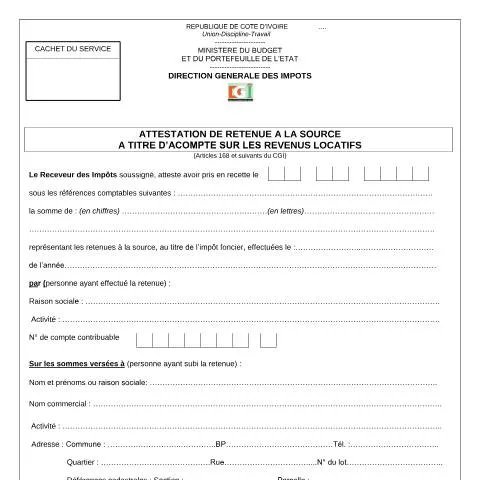 Aperçu du document Comprendre l'Attestation de Retenue à la Source en Côte d'Ivoire — Impôts & fiscalité