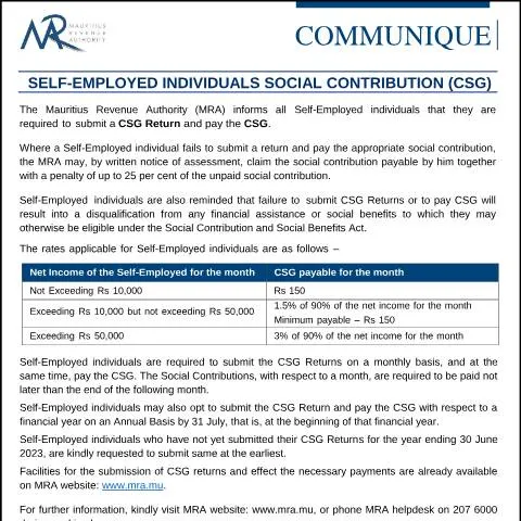 Document preview: Mauritius Self-Employed Social Contribution Notice — Taxes (CERFA n°CommuniqueCSG300523)