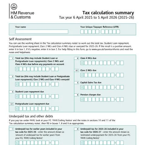 Document preview: SA110 Tax Calculation Summary: Complete Guide for UK Taxpayers — Taxes