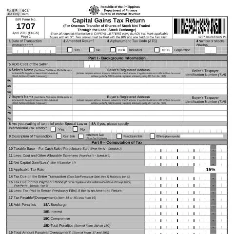 Document preview: Understanding BIR Form No. 1707 for Capital Gains Tax Returns — Taxes (CERFA n°1707)