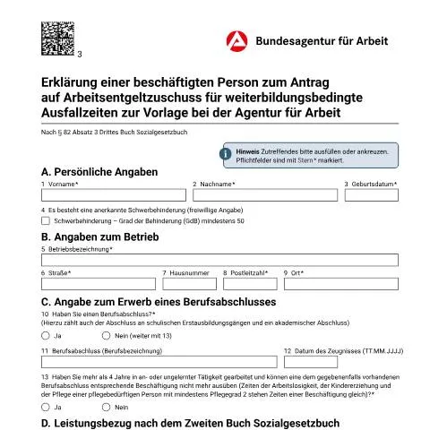 Dokumentvorschau: Wichtige Informationen zum Arbeitsentgeltzuschuss für Weiterbildung — Arbeit & Beschäftigung (CERFA n°erklaerung-antrag-arbeitsentgeltzuschuss-ausfallzeiten_ba042354)