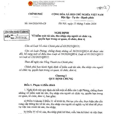 Document preview: Nghị định 164/2026/NĐ-CP: Đảm bảo minh bạch tài sản của lãnh đạo — Thuế & tài chính (CERFA n°164/2026/NĐ-CP)