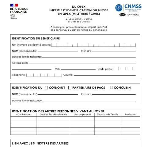 Aperçu du document Formulaire d'identification médicale en OPEX : procédures vitales — Santé (CERFA n°14820*02)