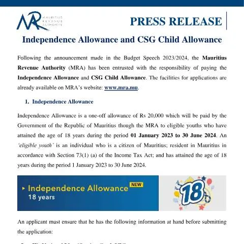 Document preview: Understanding the Independence and CSG Child Allowances in Mauritius — Benefits & social aid (CERFA n°PressRelease110723)