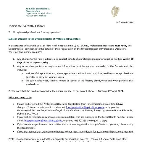 Document preview: Essential Guide to Forest Health Registration Update in Ireland — Government & admin