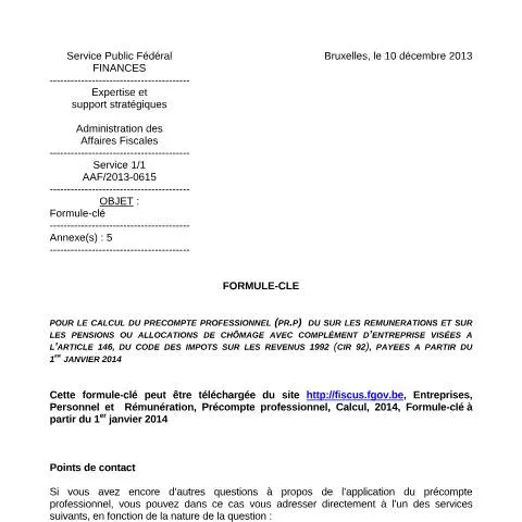 Aperçu du document Analyse approfondie de la Formule-clé pour le précompte professionnel — Impôts & fiscalité (CERFA n°fc2013-0615fr)