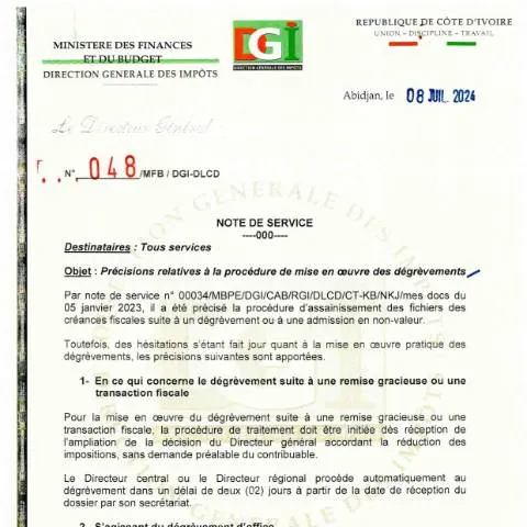 Aperçu du document Comprendre la note de service 0048 0001 sur les dégrèvements fiscaux — Démarches administratives