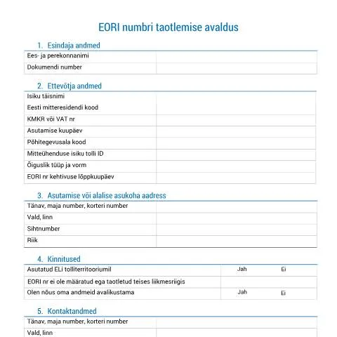 Document preview: EORI numbri taotlemine väljaspool Euroopa Liitu — Toll ja impordi-ekspordi (CERFA n°EORI TAOTLUSE VORM)