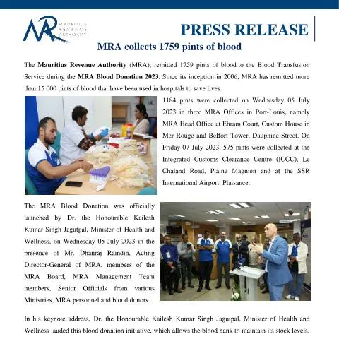 Document preview: MRA's Commitment: 1759 Pints of Blood Collected in 2023 — Government & admin (PressRelease070723)