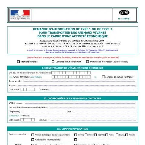 Aperçu du document Comment obtenir son autorisation pour le transport d'animaux vivants — Démarches administratives (CERFA n°15714*01)