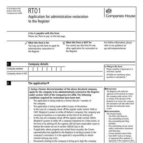 Document preview: Administrative Restoration RT01: Bringing Struck-Off Companies Back — Government & admin