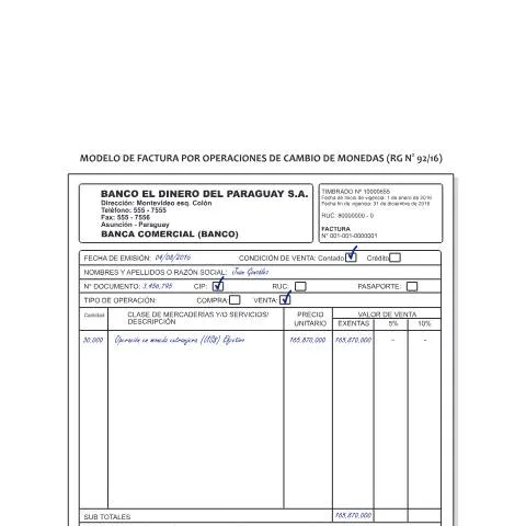 Vista previa del documento Modelo de factura de divisas para operaciones de cambio — Trámites administrativos