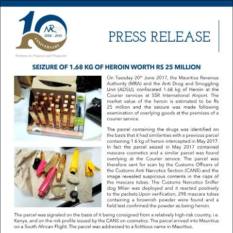 Document preview: Understanding the Impact of Heroin Seizures in Mauritius — Government & admin (PressReleaseDrugSeizure230617)