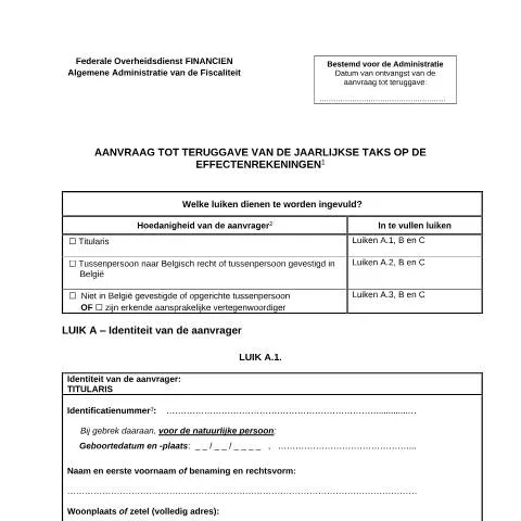 Aperçu du document Comprendre le formulaire 270B pour une demande de remboursement — Impôts & fiscalité (CERFA n°124-aanvraag-teruggave-taks-effectenrekeningen)