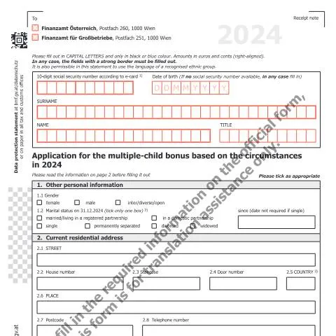 Dokumentvorschau: Wichtige Informationen zum Mehrkindbonus 2024 in Österreich — Steuern (CERFA n°E4-UK)