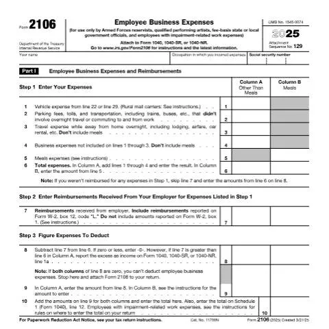Document preview: Understanding IRS Form 2106 for Business Expenses — Taxes (CERFA n°2106)
