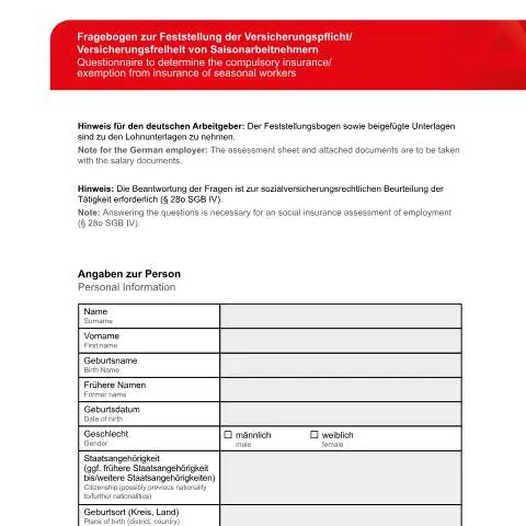 Dokumentvorschau: Versicherungspflicht für Saisonarbeiter: Wichtige Informationen — Behörden & Verwaltung (CERFA n°fragebogen-zur-feststellung-der-versicherungspflicht_ba032045)