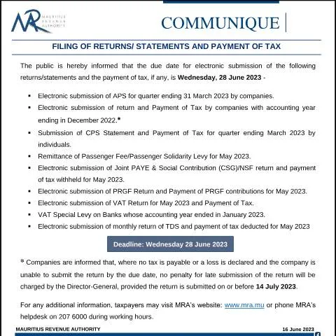 Document preview: Understanding Tax Filing Deadlines in Mauritius — Taxes (CERFA n°Communique160623)