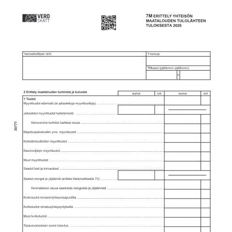 Document preview: Yhteisön maatalouden tulolähteen 7M Erittely — Verot & verotus (CERFA n°Vero 3077)