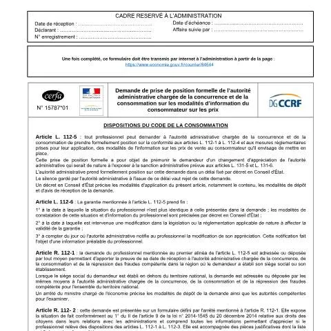 Aperçu du document Comment demander un rescrit pour l'affichage de vos prix — Démarches administratives (CERFA n°15787*01)