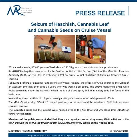 Document preview: Major Drug Seizure on Cruise Vessel AidaBlu — Government & admin (DrugSeizure190219)