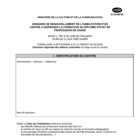Aperçu du document Demande de renouvellement pour centre de formation en danse — Études & formation (N°10448*03)