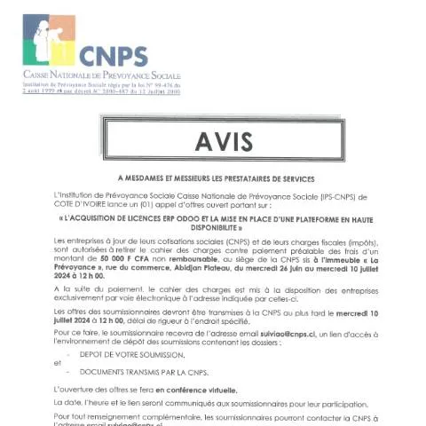Aperçu du document Opportunité d'Appel d'Offre pour ERP Odoo en Côte d'Ivoire — Démarches administratives