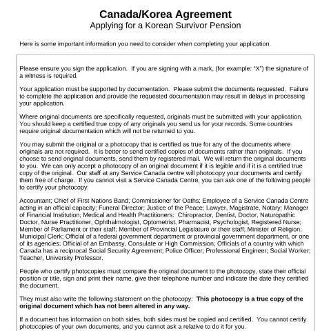 Document preview: Simplifying the Korea/Canada Survivor Benefit Application Process — Health (CERFA n°CAN-KOR_1_(S))