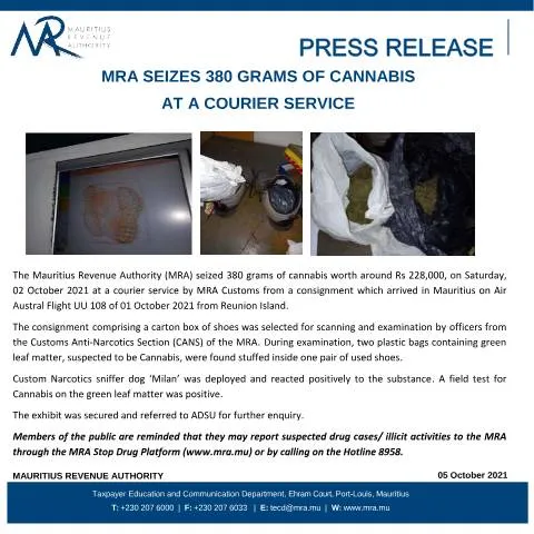 Document preview: MRA's Effective Action Against Drug Trafficking: 380g Cannabis Seized — Government & admin (CERFA n°PressRelease051021)