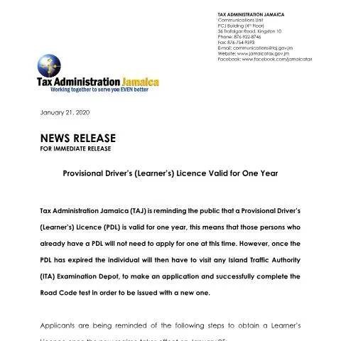 Document preview: Understanding the One-Year Provisional Driver's Licence in Jamaica — Vehicle & driving (CERFA n°January_21_2020-Provisional_Driver’s_(Learner’s)_Licence_Valid_for_One_Year)