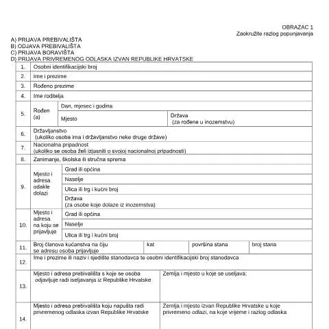 Document preview: Sve što trebate znati o Obrazcu 1 za prijavu boravišta — Administrativni postupci (CERFA n°Obrazac 1)