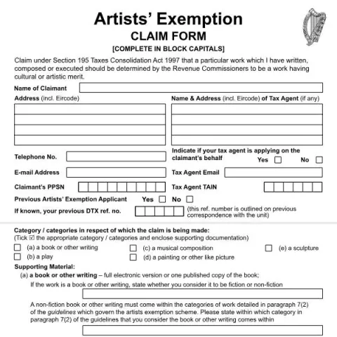 Document preview: Claim Your Artists’ Exemption with the Official Form — Taxes (Artist 2)