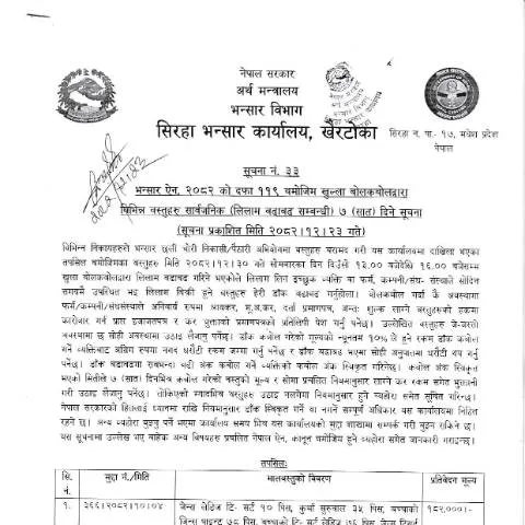 Document preview: सिरहा भन्सार कार्यालयको मालसामान लिलाम प्रक्रिया — प्रशासनिक प्रक्रिया (CERFA n°सिरहा भन्सार कार्यालयको मालसामान लिलाम सम्बन्धी सूचना २०८२ १२ २३ nfn6kt7)