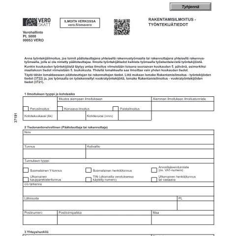 Document preview: Työntekijätietojen ilmoittaminen rakentamisilmoituksessa — Hallinnolliset asiat (CERFA n°Vero 3719)