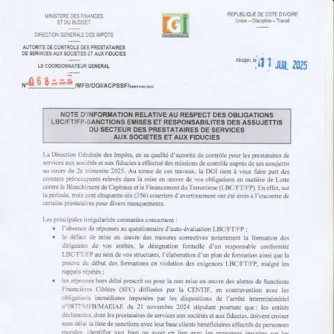 Aperçu du document Comprendre la NOTE D'INFORMATION LBC FT FP en Côte d'Ivoire — Démarches administratives