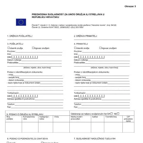 Document preview: Sve o Obrazac 3 - Predhodna suglasnost za unos oružja — Administrativni postupci (CERFA n°Obrazac 3)
