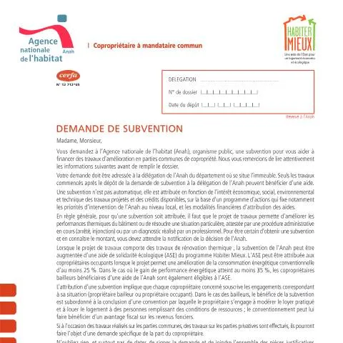 Aperçu du document Demande de subvention Anah par mandataire commun en copropriété — Logement (CERFA n°12712*05)