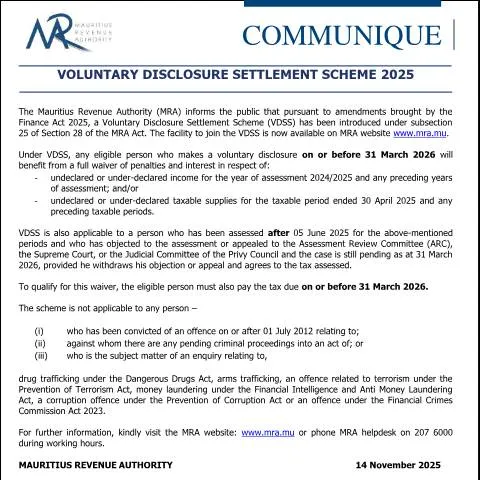 Document preview: Mauritius Announces Voluntary Disclosure Settlement Scheme 2025 — Taxes (CERFA n°CommuniqueVDSS2025)