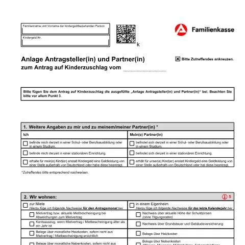 Dokumentvorschau: Wichtige Informationen zum Formular für den Kinderzuschlag — Familie (CERFA n°kiz1-ana_ba034980)