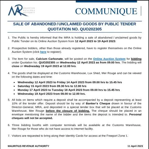 Document preview: Mauritius Revenue Authority Public Tender for Unclaimed Goods — Government & admin (CommuniqueQUO202305)