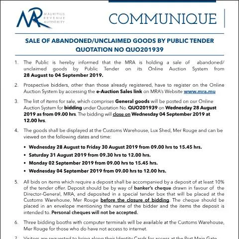 Document preview: Unlock the Secrets of Abandoned Goods Sales — Government & admin (Communique39of2019)