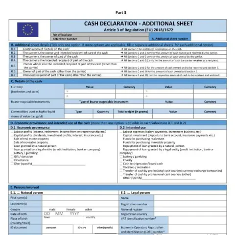 Document preview: Cash Declaration Additional Sheet for Accurate Cash Reporting — Government & admin (RPC015057_EN_WB_L_1)