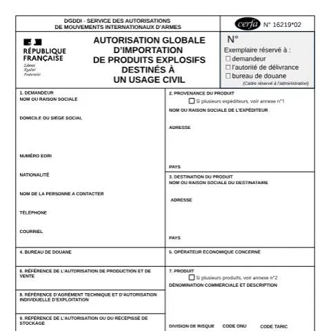 Aperçu du document Procédure d'autorisation globale pour importer des explosifs civils — Démarches administratives (CERFA n°16219*02)