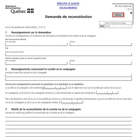 Document preview: Understanding the Reconstitution Request Form (RE-703) in Quebec (French) — Government & admin (RE-703)
